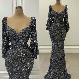 Sparkly Lovertjes Prom Jurken Sexy V-hals Lange Mouwen Pailletten Party Avondjurken Backless Mermaid Jurken robes de soir￩e