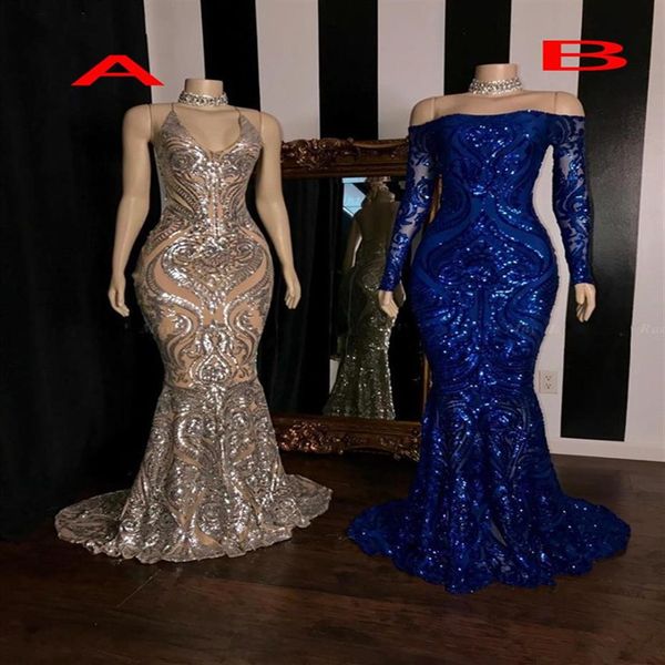 Lentejuelas brillantes Apliques Sirena Vestidos de noche Royal Blue Silver Manga larga Sexy African Black Girl Prom Party Dress Gown261T