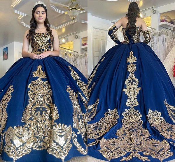 Lentejuelas brillantes Apliques Vestidos de quinceañera 2022 Oro y azul oscuro con mangas largas desmontables Vestido de fiesta Dulce 15 Niñas 16 Vestido