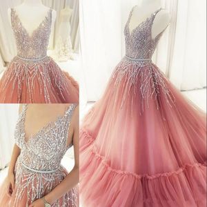 Sparkly Pailletten Baljurk Prom Jurken Blush Beaded V-hals Avondjurken Dubai Party Jurk Robe de Soiree