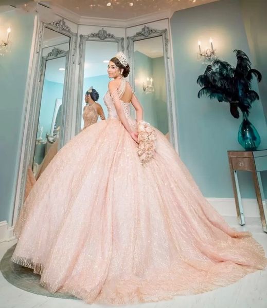 Paillettes scintillantes robe de bal robes de Quinceanera perles douce 16 robe hors de l'épaule robes de 15 anos grande taille dos ouvert robes de bal