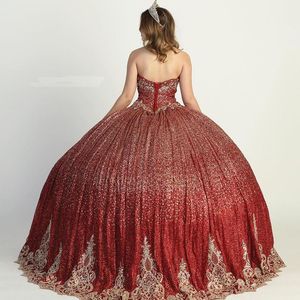 Sparkly Pailletten Bourgondië Quinceanera Jurken Gouden Kant Applique Sweetheart Hals Kralen Lange Mouwen Zoete 16 Verjaardagsfeestje Baljurk