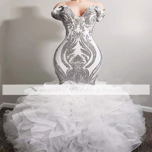 Sparkly Pailletten Kant Avondjurken Zeemeermin Off Schouder Afrikaanse Pageant Prom Dress Custom Made robe de soiree de mariage290x