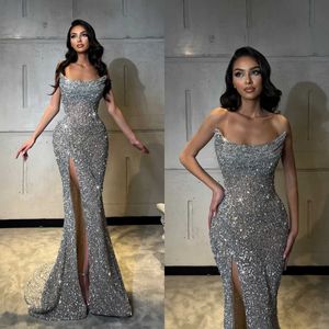 Sparkly pailletten zeemeermin avondjurken strapless prom -jurken hoge gesplitste kralen op maat gemaakte sweep trein illusie feestjurken