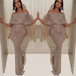 Sparkly Pailletten Mermaid Lange Avondjurken Arabische Bateau Hals Off The Shoulder Slit Pageant Formal Party Prom Toga 2022 BC1019