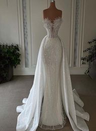 Robe De mariée sirène à paillettes scintillantes, col en cœur, perles en dentelle, robes De mariée Charming7064002