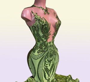 Sparkly pailletten olijfgroene zeemeermin Afrikaanse prom jurken zwarte meisjes juweel nek illusie lange afstuderen jurk plus size formeel SE3419982