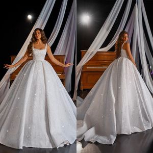 Sparkly pailletten bruiloft sierlijke spaghetti banden bruidsjurken klassieke baljurk bruid jurk
