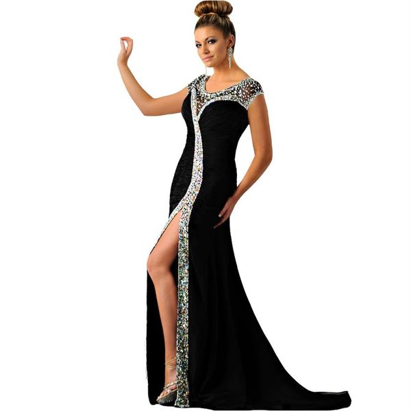 Sparkly Sexy Scoop Beading sirena vestidos de noche 2021 con diamantes de imitación divididos laterales vestidos largos de fiesta de graduación 293P