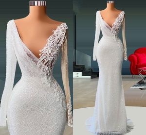 Sparkly Schede Wit Vrouwen Prom Formele Jurk 2023 Sheer V-hals Kant Applicaties Kralen Lovertjes Verjaardagsfeestje Avondjurken Robe De soiree