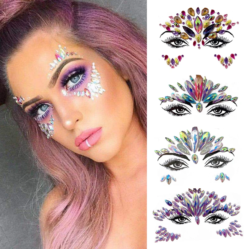 Sparkly Shiny 3D Diamond Rhinestones Face Tattoo Sticker Makeup Eyebrow Sticker Face Jewelry Self Adhesive Party Facial Jewelry