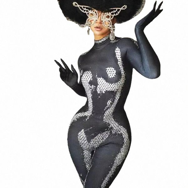 Brillant Sier Rhinestes Noir Combinaison Gants Lg Manches Femmes Sexy Club Party Outfit Chanteur Performance Costume Stage Wear T78T #
