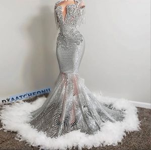 Glitter Zilveren Kristal Zeemeermin Galajurken 2024 Kralen Lovertjes Zwarte Meisjes Avondjurk Met Veren Mouwloze Partij Jassen Robes De Soiree vrouwelijke vestido noche