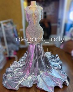 Robe de bal de forme sirène pour femmes, tenue de soirée de luxe, avec des franges en cristal, scintillante, argentée et diamant, de luxe, 2024