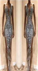 Sparkly Silver Mermaid Prom Dresses 2022 Sexy Zie door pailletten Bodice Split lange vrouwen gelegenheid avondjurken op maat gemaakt BC0629480981