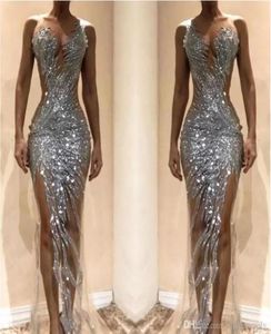 Sparkly Silver Mermaid Prom Dresses 2022 Sexy Zie door pailletten Bodice Split Long Women Accounty Evening Jurken Custom Made BC0625532256
