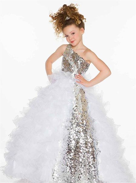 Sparkly Silver Paillettes Filles Pageant Robes Une Épaule Princesse Robe De Bal Fête D'anniversaire De Mariage Robe De Fille De Fleur Customize2130