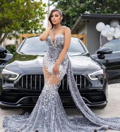 Sparkly Silver Saquins Mermaid Prom Dresses 2024 voor zwarte meisjes lieverd Crystal Rhinestone Sweep Train Formele feest luxe avondjurken gewaden de bal