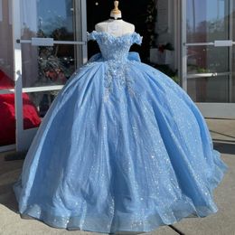 Sparkly Sky Blue Ball Jurk Quinceanera Dress Elegant Prom 3d Floral Appliques Party Lace Birthday Jurken 0417