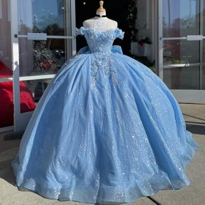 Sparkly hemelsblauwe baljurk Quinceanera jurk elegante luxe prom jurken 3d bloemen appliques kanten feest kanten verjaardagsjurken