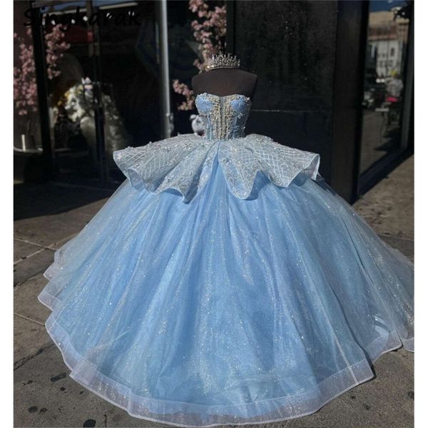 Sparkly Blue Blue Princesse Quinceanera Robes 2024 Sweetheart Appliques Crystals Rinestones Bouche de bal paillettes Sweet 15th Robe