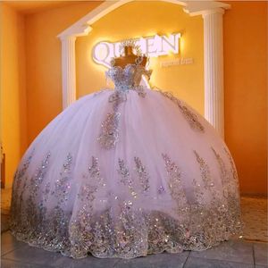 Sprankelende Spaghettibandjes Baljurk Jurken voor Quinceanera Mouwloos Pailletten Applicaties Crystal lace-up Sweet 16 Vestidos De 15 Ano