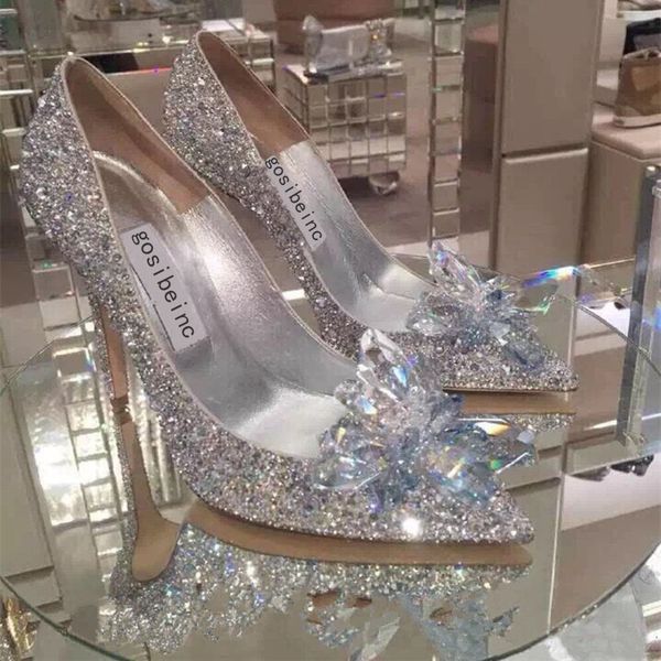 Scintillant Talon Aiguille Cristaux Chaussures De Mariage Pour La Mariée Perlée De Luxe Designer Talons Cendrillon Pompes Poined Toe Strass Chaussures De Mariée