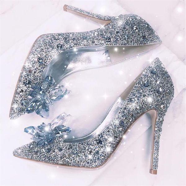 Zapatos de boda con cristales de tacón de aguja brillante para novia, tacones de diseñador de lujo con cuentas, zapatos de Cenicienta, punta estrecha, diamantes de imitación Bridal2420