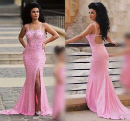 Sparkly Sweetheart Crystals Beaded Prom Dresses para mujeres 2017 Sexy Open Back High Split vestidos de noche Sweep Train Arabic Formal Party Dres