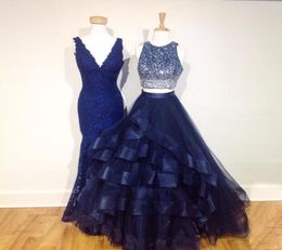 Sparkly tweedelig prom jurken juweel mouwloze pailletten kralen gelaagde tule ball jurk marineblauw donker rood wit prom jurk zoet 164497650