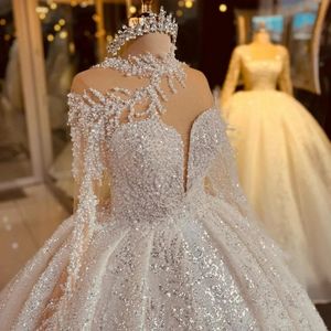 Sparkly Wedding Dress 2024 baljurk glitter zware parels kralen kralen lange mouwen prinses bruid jurken Vestidos de noiva aangepaste Arabische Dubai