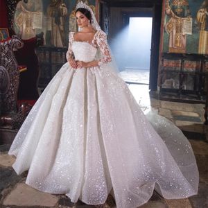 Sparkly Wedding Dress 2024 Princess Ball Jurk Square Neck Buff Lange Sleeves pailletten kanten parels