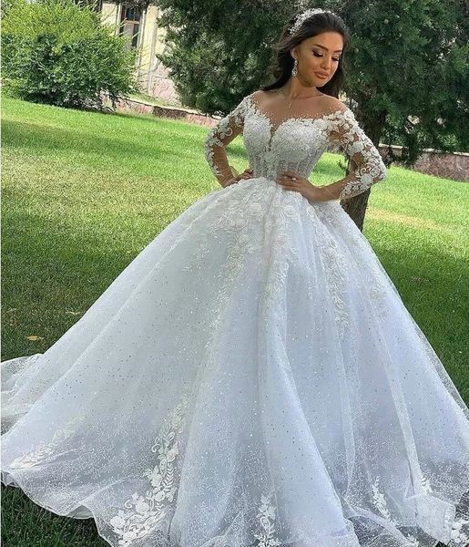 Robe De mariée scintillante, col en v transparent, manches longues, avec applications en dentelle perlée, robes De concours, sur mesure, 2023