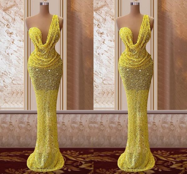 Robe De Soirée Jaune Scintillante 2023 Perles Paillettes Une Épaule De Bal Robes De Soirée Sur Mesure Noir Filles Sans Manches Robe De Soirée Vestidos Fête