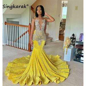 Sparkly Yellow Mermaid Prom 2024 kralen Crystal Rhinestones Graduation Party Dress Birthday Special Reception Robe de Bal