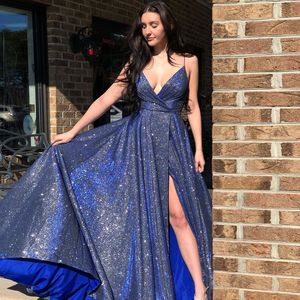 Sparky Blue Sequined Prom Dresses A Line Spaghetti Riemen Sexy Side Split Lange Formele Avondjurken voor Dames Meisjes Party Speciale Gelegenheden Draag