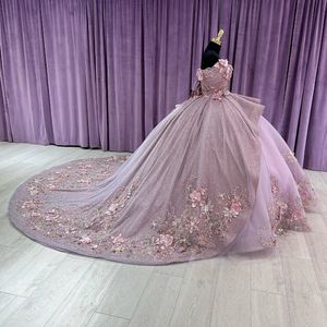 Sparky Lavande Fleurs 3D Hors De L'épaule Robe De Quinceanera Avec Volants Perles Princesse Robe De Bal pour Sweet 16 Robe À Lacets