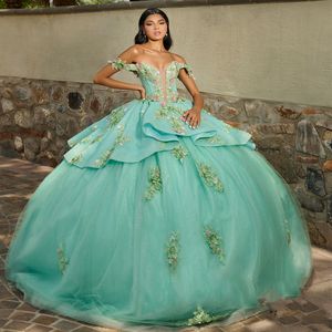 Sparky menthe vert fleurs 3D hors de l'épaule robe de Quinceanera avec volants perles Tull princesse robe de bal doux 16 robe à lacets