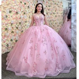 Sparky Princesse Rose Quinceanera Robes Paillettes Dentelle Appliques Doux 16 Corset Mexicain De Bal Robes De Bal Robe De 15