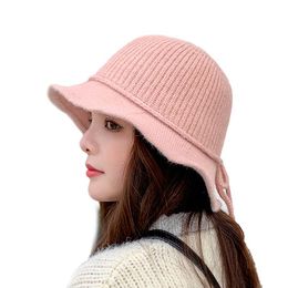 Sparsil Femme Tricoté Laine Mélange Seau Chapeaux Fille Dôme Noeud Noeud Rayé Bassin Cap Hiver Chaud Feuille De Lotus Bord Pliable Doux Chapeau À Large Bord