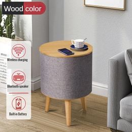 Speakers Altavoz estéreo Bluetooth de 100 W, mesa de centro redonda portátil de madera, mesita de noche, Boombox de música con teléfono, altavoces de carga inalámbrica