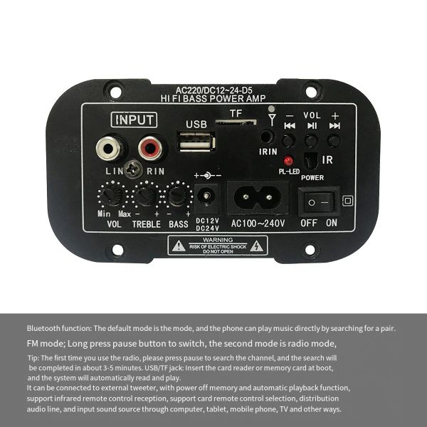 Panneau d'amplificateur Bluetooth 12V 24V, panneau d'amplificateur de basse HIFI, caisson de basses FM 30120W pour haut-parleur de caisson de basses de 10 pouces (prise américaine)