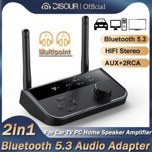 Haut-parleurs 2 en 1 Bluetooth 5.3 transmetteur audio récepteur 3,5 mm AUX 2 RCA stéréo musique sans fil adaptateur multipoint pour voiture TV haut-parleur PC