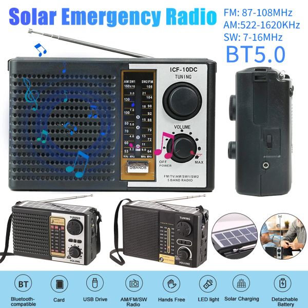 Altavoces AM FM Radio de emergencia con altavoz Bluetooth Compatible 5.0 Radios portátiles de bandas portátiles LED Radios de clima solar
