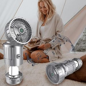 Altavoces Ventilador para acampar con luces LED Lámpara solar portátil para tienda de campaña con altavoz Bluetooth Gancho para colgar Escritorio USB con pilas recargables