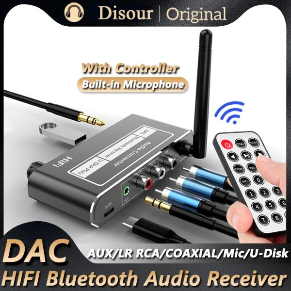 Altavoces DAC Bluetooth 5.2 Receptor de audio HIFI Coaxial / Micrófono / USB UDisk / 3.5MM / L R RCA Adaptador inalámbrico para KTV Karaoke Altavoz para automóvil con IR