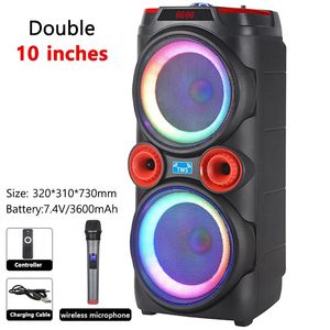 Luidsprekers Dubbel 10 inch Vlamlamp Buitenaudio Karaoke Partybox RGB Bluetooth-luidspreker Kleurrijk LED-licht met microfoon Afstandsbediening Subwoofer FM