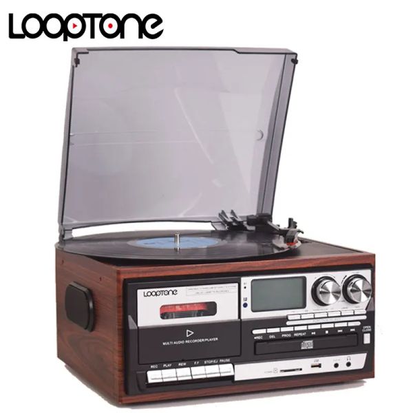 Altavoces LoopTone de 3 velocidades Player de vinyl de vinilo Vintage Turntable Bluetooth Compatible Cassette Player Altavoz AM/FM Radio Registrador USB