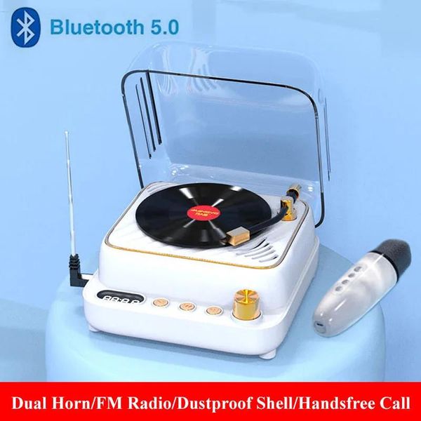Haut-parleurs Mini Bluetooth haut-parleur rétro Vinyl Record Player Portable FM Radio Karoke Microphone Soundbox STREEO Music Music Handsfree Cal
