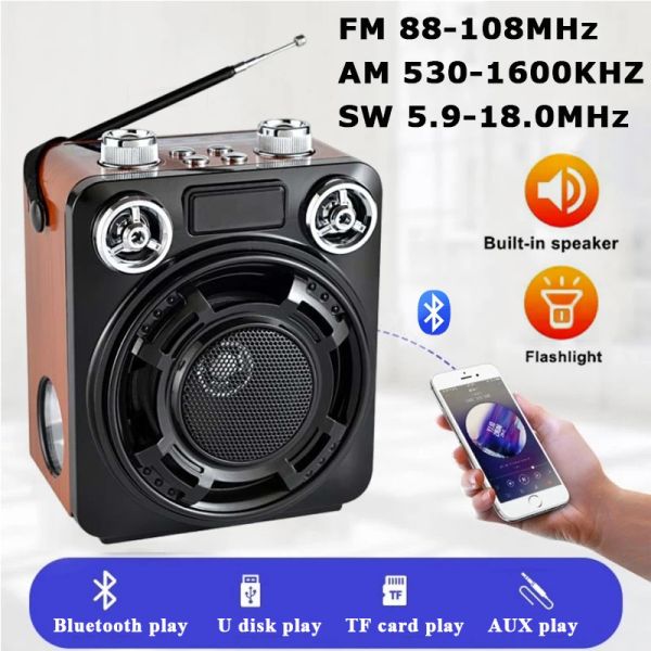 Haut-parleurs Mini Portable FM AM SW Radio Signal fort récepteur Radio haut-parleur Bluetooth avec lampe de poche TF USB lecteur de musique MP3 Rechargeable